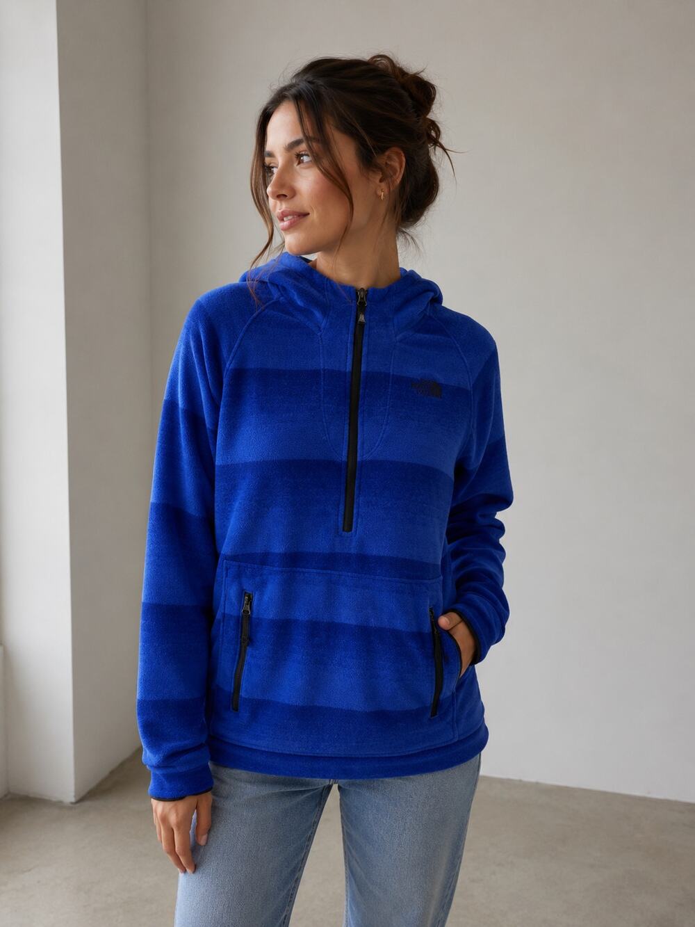 The North Face Fleece Hoodie Striped Half Zip Pullover Blue Womens Size Medium